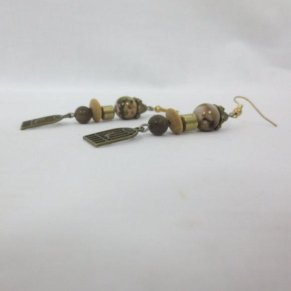 Natural Brown Agate Wood & Brass Dangle Earrings - Picture 2 of 6